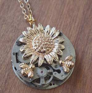 Rainey Design: Small Silver Pendant with Sunflower & Tiny Bees
