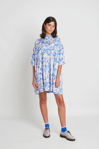 Bubbles Dress - Blue Stencil Floral