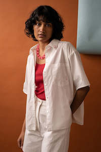 Womens Shirts: Coastal Shirt - Ivory / Red Embroidery