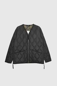 Military Zip V-Neck Down Jacket - Black