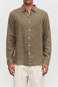 Mens: Everyday Linen Long Sleeve Shirt - Dark Military