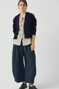 Wool Linen Patch Pocket Cardigan - Dark Navy