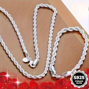 Sterling Silvery Twisted Rope Necklace and Bracelet Set