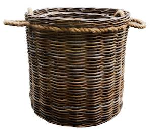 Grey Round Log Basket with Rope Handles Large
