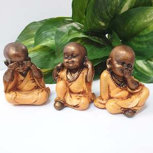 Poly Resin Buddhas: THREE MONKS HEAR/SPEAK/SEE ORANGE