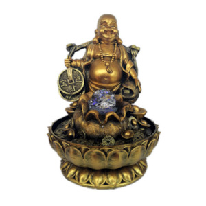 Water Features: Good Fortune Buddha, Gold Sack with Rolling Ball Water Feature