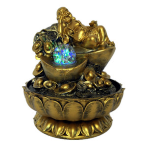 Good Fortune Gold Buddha with Rolling Ball Water Feature