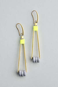 David Aubrey: David Aubrey Neon Yellow and Grey Dangle Earrings