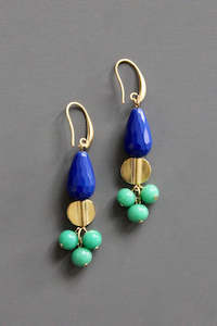 David Aubrey: David Aubrey Blue, Green, Gold and Brass Dangle Earrings