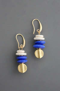 David Aubrey Brass, Magnesite and Blue Glass Dangle Earrings
