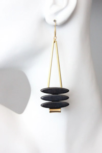 David Aubrey: David Aubrey Large Brass and Black Magnesite Dangle Earrings