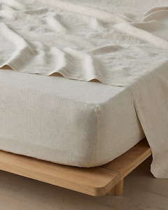 Flat Sheets: Ravello Linen Fitted Sheet - Savanna Pinstripe | Weave Home