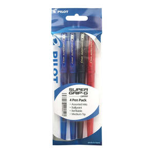 Ballpoint: Pilot Super Grip G Stick Ballpoint Medium Asstd. 4Pk (Blue*2/Black/Red)