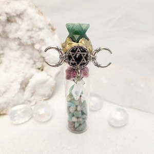 Crystals Fossils: Green Aventurine Merkaba & Amazonite In Triple Moon Embellished Bottle (assorted. approx. 9.5xscm)