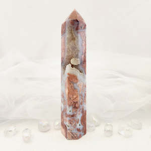 Crystals Fossils: Flower & Blue Lace Agate Polished Point (approx. 21x4cm)