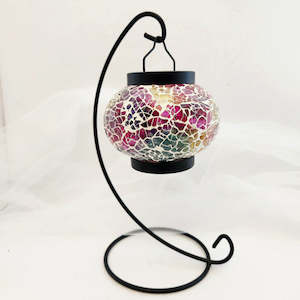 Autumn Tones Turkish Mosaic Hanging T-Lite Candle Holder w. LED Candle (approx. 24x15cm)