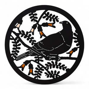 Aotearoa Inspired: Kereru on Kowhai Steel Round Wall Art (approx. 50cm diameter)