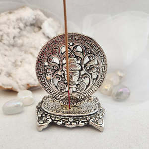 World Spirituality: Silver Metal Round Buddha Head Incense Holder