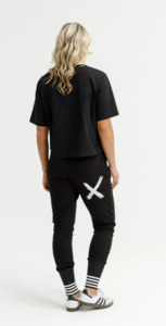 Bottoms: Alpine Apartment pant black w silver X and striped cuff