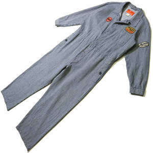 Technician Overall: Vapor Wear patch & print hickory stripe 100% cotton jumpsuit ◆M size (up to 164 cm tall) Spring/Autumn