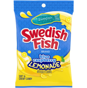 American Candy: Swedish Fish Blue Raspberry Lemonade Peg Bag 8.4oz / 228g, Dated