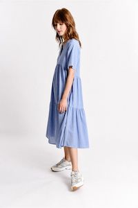 Midi Dresses: MOLLY BRACKEN BLUE/WHITE STRIPE DRESS