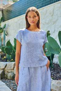 Blouses: Naturals By O&J Linen Fine Stripe Top