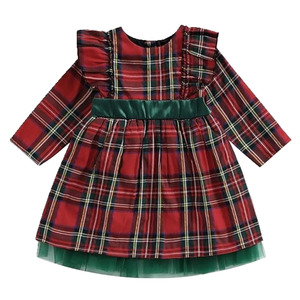 Girls Long Sleeves Mesh Patchwork Plaid Dress - IPAMO