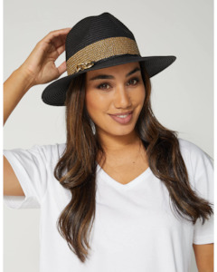 Hats: Stella + Gemma Fedora - Black Straw w/Gold Trim