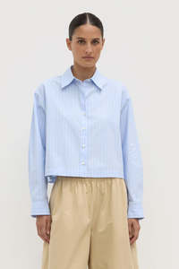 Tops: Assembly Label Tessa Poplin Cropped Long Sleeve Shirt Blue Stripe