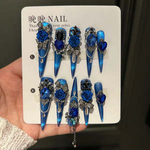 Accessories: Vibrant Blue Stiletto Press-On Nails with 3D Rose & Chain – 10PCS