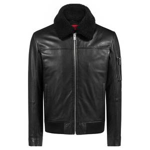 Products: Black Bomber Fur Collar Real Leather Jacket