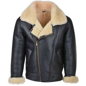 Products: Black Bomber Fur Shearling Genuine Leather Jacket