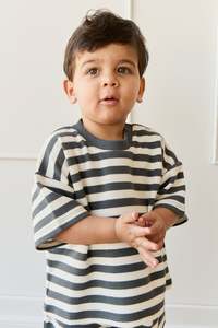 Tops: Organic Cotton Waffle Leith Tee - Oliver Stripe Atlantic/Cloud