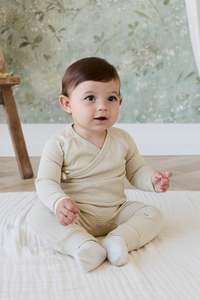 Onepieces: Organic Cotton Fine Rib Micah Wrap Onepiece - Petite Stripe Hay/Cloud