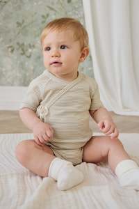 Organic Cotton Fine Rib Micah Short Sleeve Playsuit - Petite Stripe Hay/Cloud
