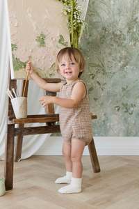 Playsuits And Rompers: Organic Cotton Bentley Playsuit - Cabin Check Cocoa