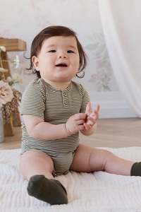 New: Organic Cotton Modal Darcy Rib Tee Bodysuit - Petite Stripe Avocado Oil / Cloud