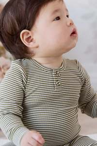 Organic Cotton Modal Long Sleeve Bodysuit - Petite Stripe Avocado Oil / Cloud