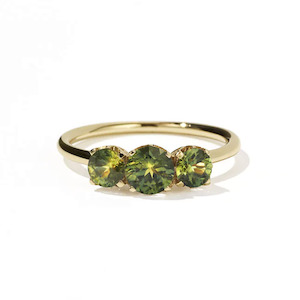 Meadowlark: 9k Yellow Gold Signature 3 Stone Ring - Green Emerald
