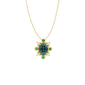 Necklaces: 9k Yellow Gold Teal Sapphire & Tsavorite Green Garnet & Diamond Pendant