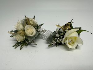 Products: aCorsage Ball Combo White /Gold Pick-Up Only - Jan Maree Flowers