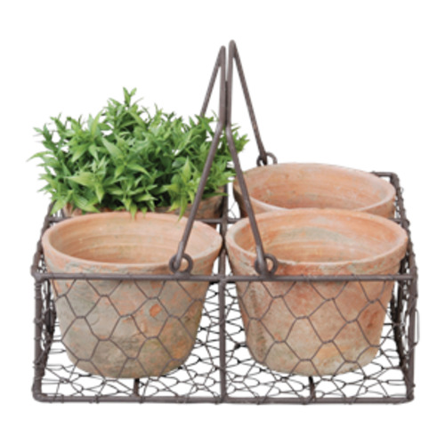 Aged Terracotta 4 Pot Wire Basket
