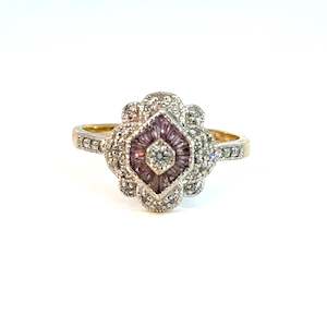 Diamond and Pink Tourmaline Art Deco Style Ring in 18ct Gold