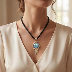 Jewellery Necklaces: Tahitian Pearl Diamond Twist Pendant on Black Rope Chain