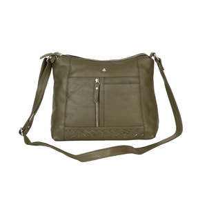 Leather Bags And Wallets: Greenwood Leather Savannah Woven Detail Crossbody Bag ~ Olive Green