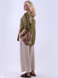 Italian Made Tops: Italian Linen Floral Duo Button Top Olive Sz 10-16