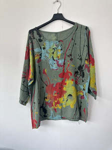 Italian Made Cotton Top Splash Print ~ Khaki Sz 8-18