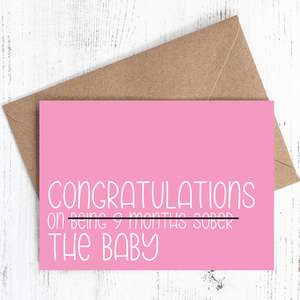 Congratulations on {9 months sober} the baby - Baby card (Pink) - 100% recycled