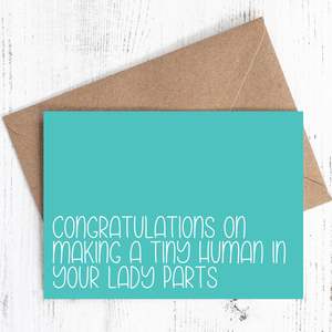 Greeting Cards Canvas Bags By Nutmeg Creative: Congratulations on making a tiny human in your lady parts - Baby card (Pink) - 100% recycled